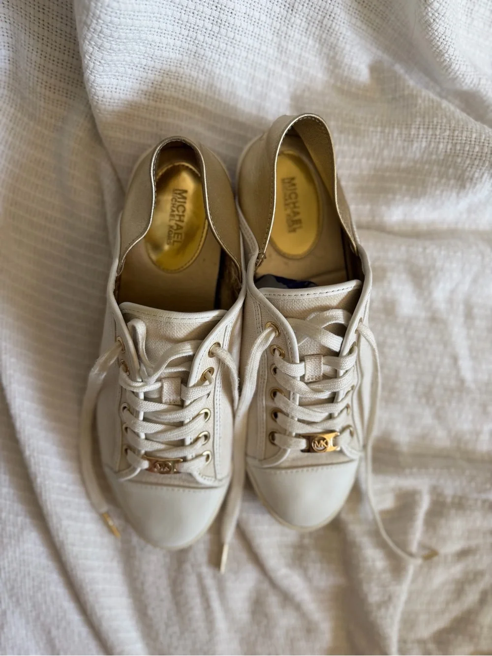 Michael Kors Cream Canvas & Leather Lace-Up Sneakers with Gold Accents